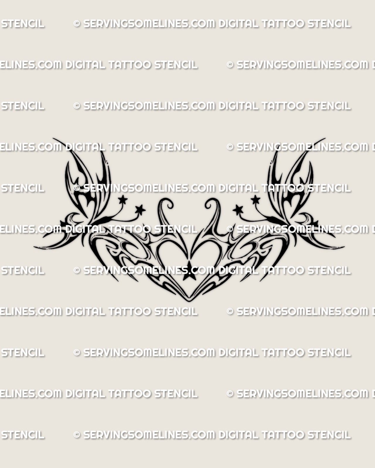 Y2K inspired butterfly tribal heart outline with star accents presented as a clean digital tattoo stencil for versatile placement use