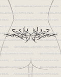 Y2K tribal butterfly lower back tattoo shown on waist placement, feminine spiky wings with gem center, detailed waistline stencil for women.