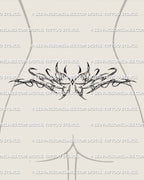 Y2K tribal butterfly lower back tattoo shown on waist placement, feminine spiky wings with gem center, detailed waistline stencil for women.