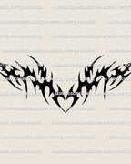 Digital stencil preview of a tribal heart lower back design with sharp neotribal lines and soft Y2K curves shown as a clean front facing artwork image