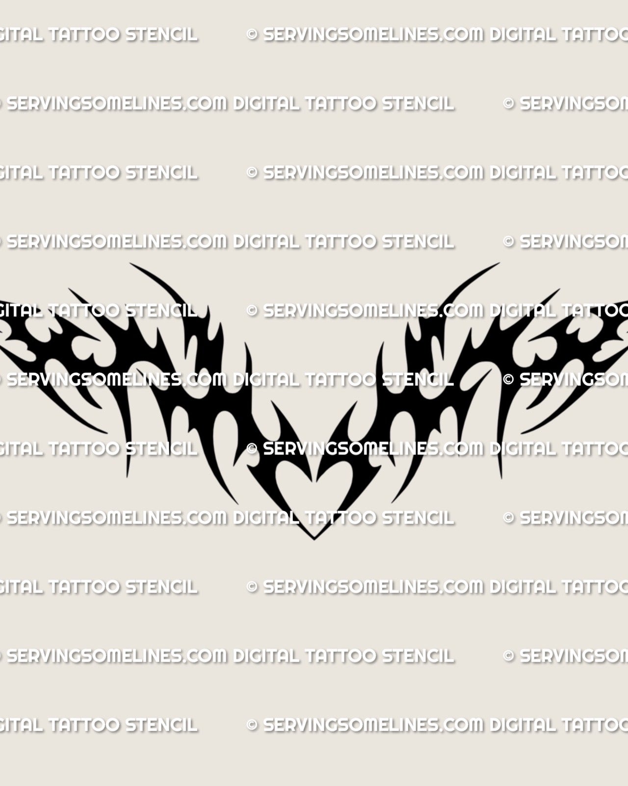 Digital stencil preview of a tribal heart lower back design with sharp neotribal lines and soft Y2K curves shown as a clean front facing artwork image