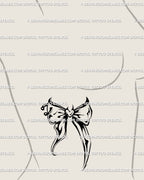 Side ribs under-bust idea: slim knot with flowing tails; a Y2K bow tattoo design download in minimalist blackwork, built with open spacing for comfort, clean healing, and precise placement.