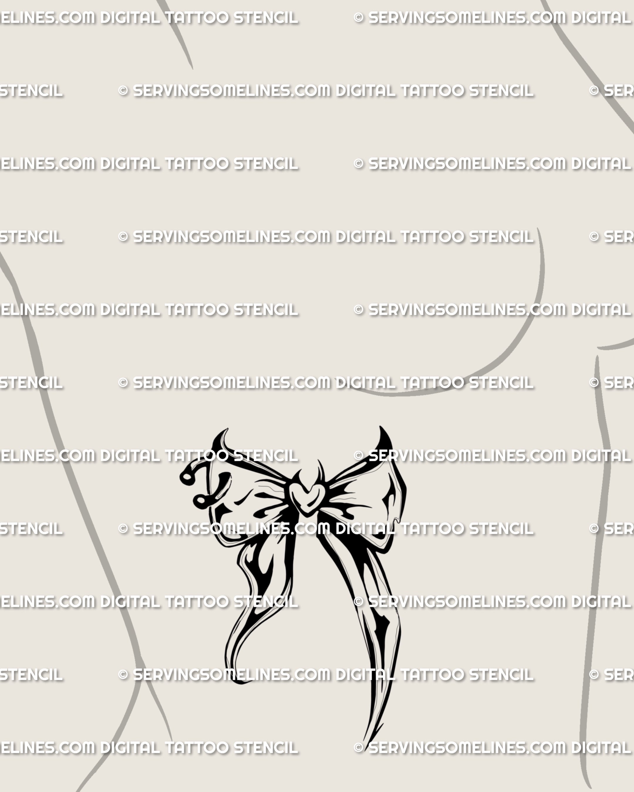 Side ribs under-bust idea: slim knot with flowing tails; a Y2K bow tattoo design download in minimalist blackwork, built with open spacing for comfort, clean healing, and precise placement.