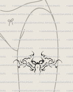 Y2K inspired coquette tattoo stencil of a gothic ribbon with ornamental flow, shown on the front thigh. A bold yet playful tattoo design with emo and alt-girl edge.