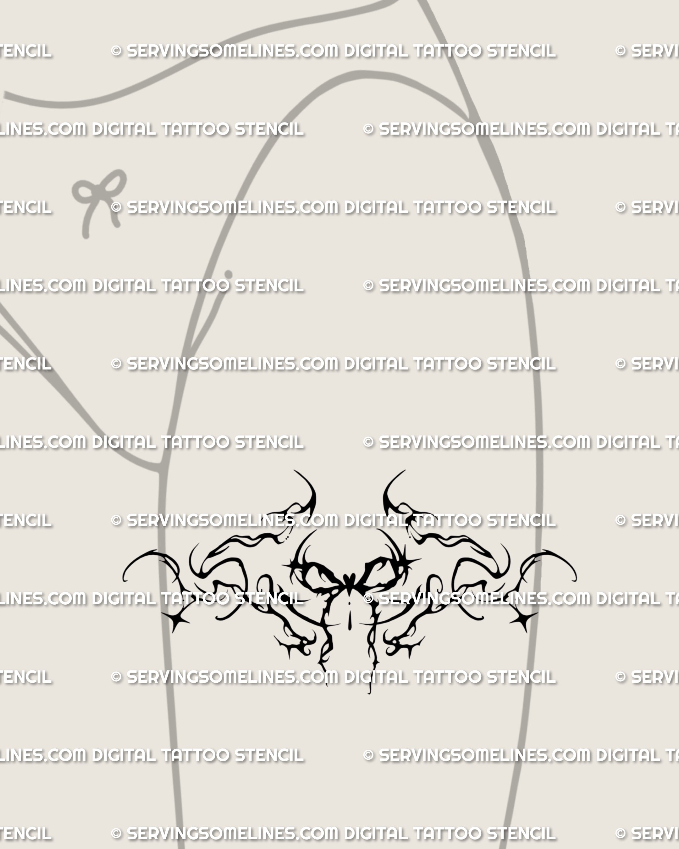 Y2K inspired coquette tattoo stencil of a gothic ribbon with ornamental flow, shown on the front thigh. A bold yet playful tattoo design with emo and alt-girl edge.