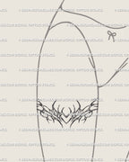 Feminine thigh tattoo with Y2K cybercore heart linework, light ornamental flow mixing neotribal elegance and soft gothic aesthetic.