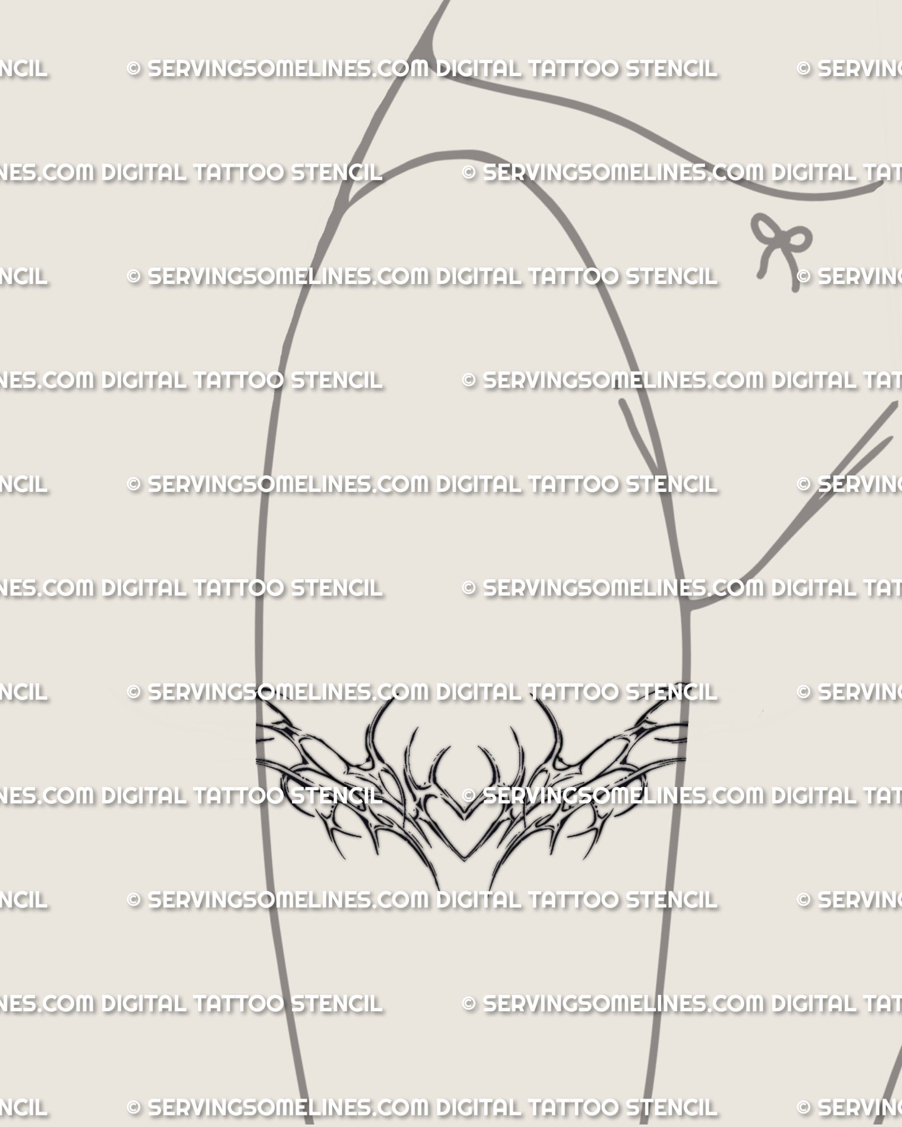 Feminine thigh tattoo with Y2K cybercore heart linework, light ornamental flow mixing neotribal elegance and soft gothic aesthetic.