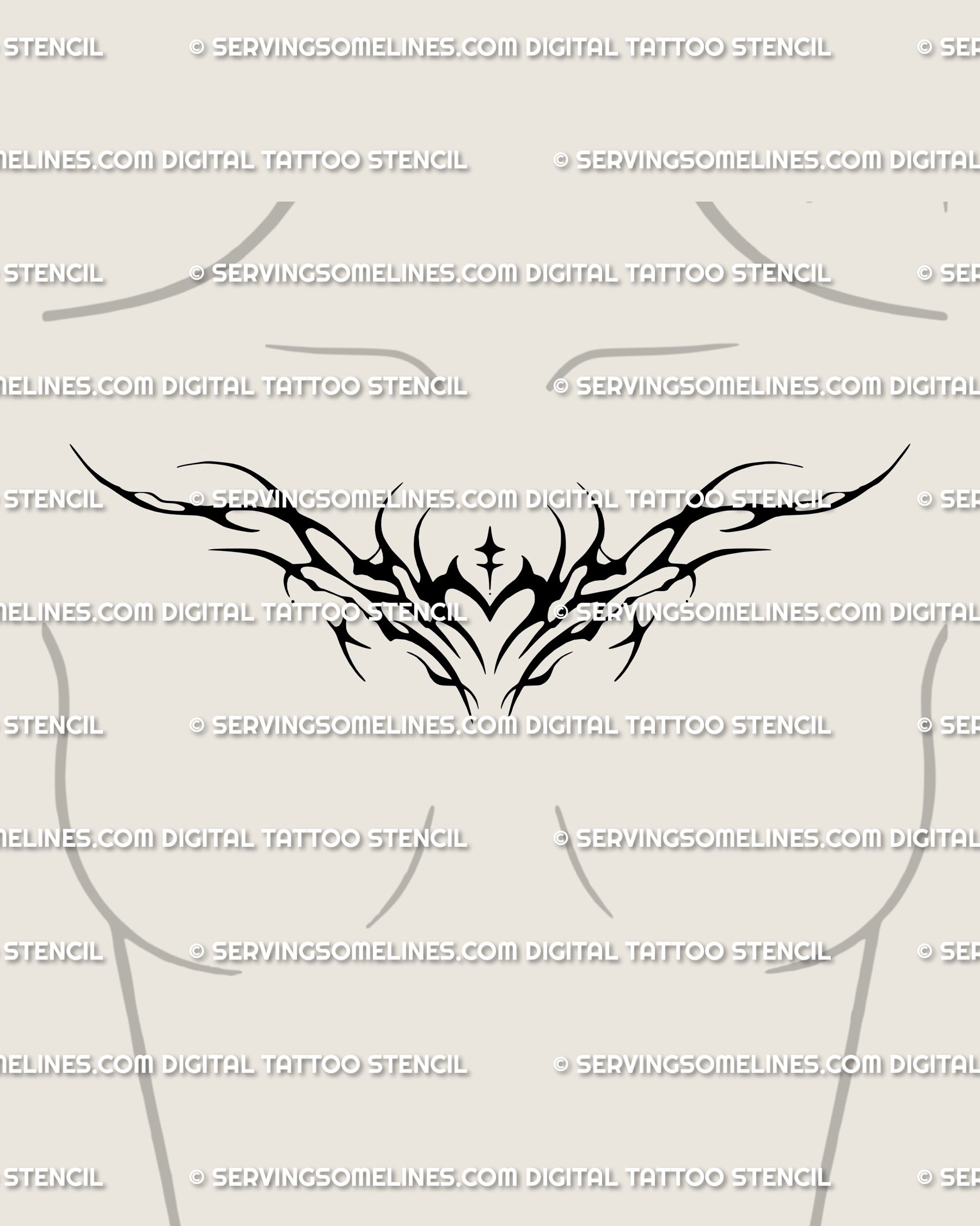 Y2K gothic lower back tattoo idea reimagined as a female chest placement; spiky heart motif with sleek neotribal flow and modern goth attitude.