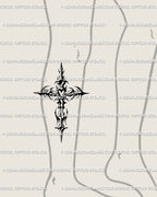 Y2K tribal cross tattoo design placed on lower leg, spiky cybertribal crucifix with gothic ornamental blackwork.