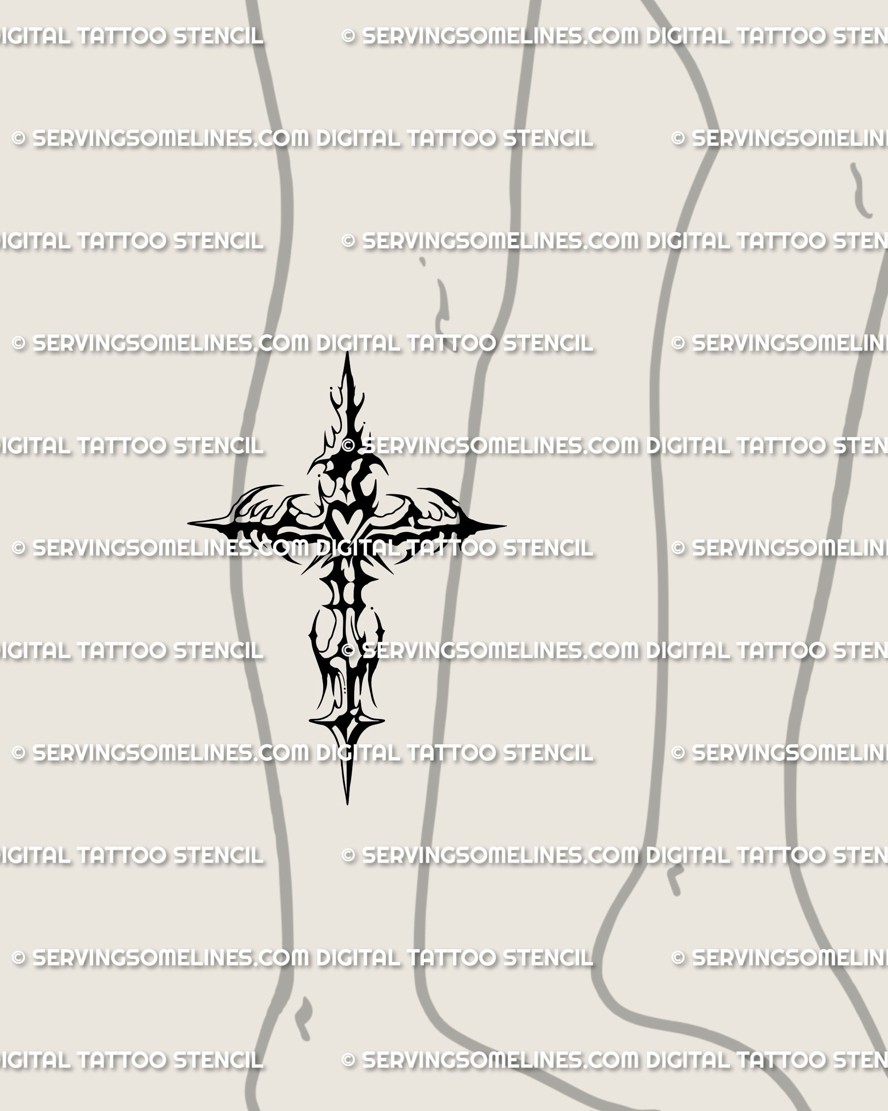 Y2K tribal cross tattoo design placed on lower leg, spiky cybertribal crucifix with gothic ornamental blackwork.