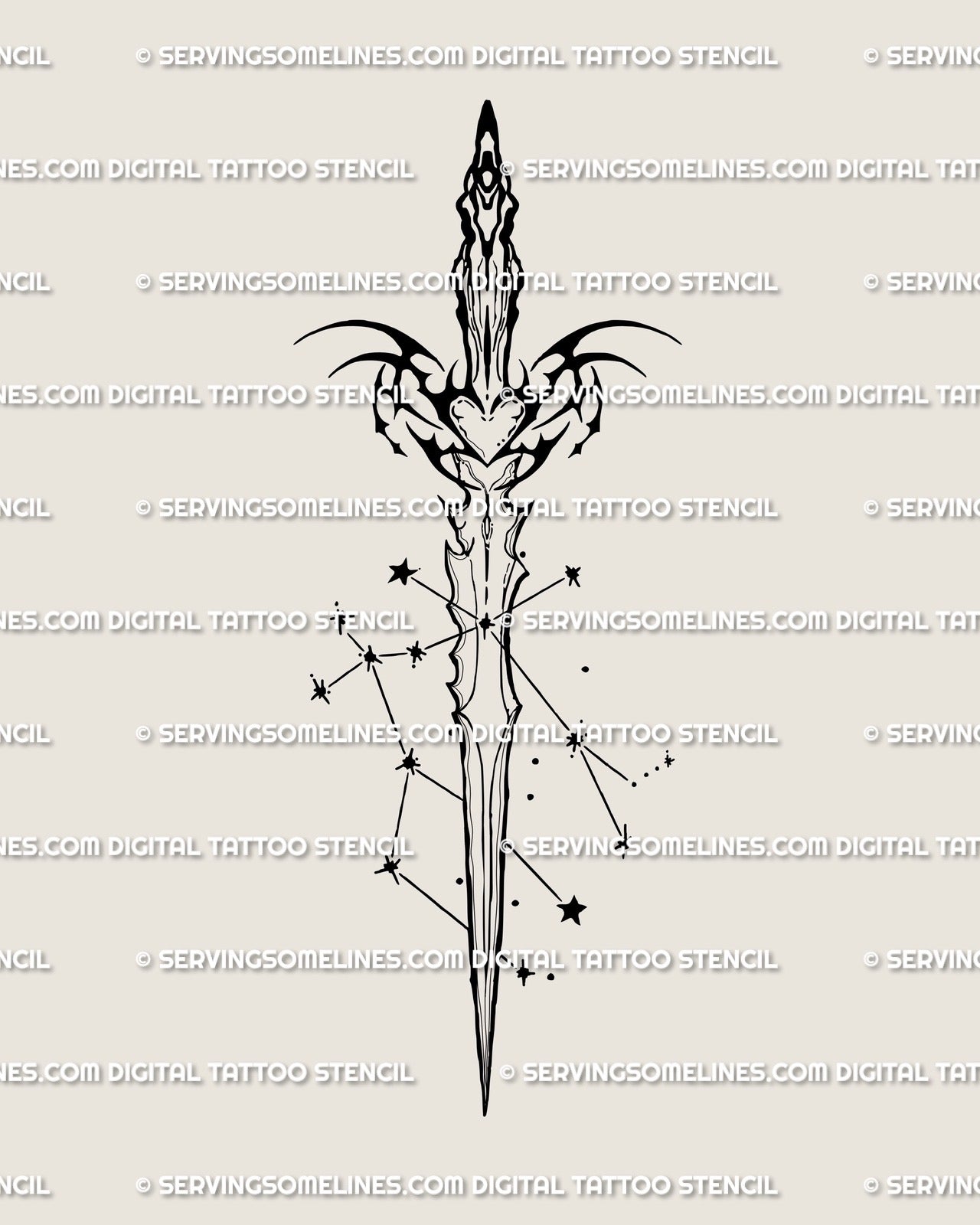 Gemini dagger digital stencil design with sharp ornamental linework, clean zodiac art for tattoo artists to size.