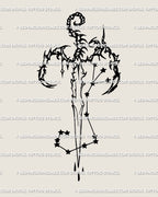Scorpio sword tattoo stencil design close view, cyber tribal curves with claw guard, star pattern inside the blade
